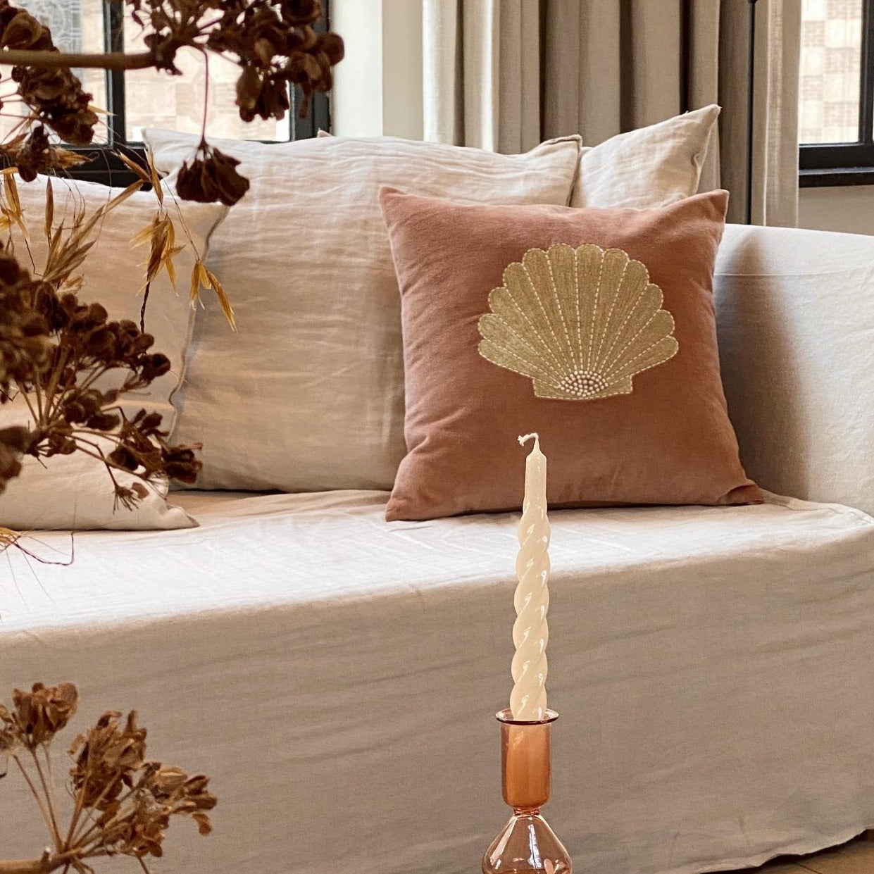 Embroidered Shell Velvet Cushion Cover