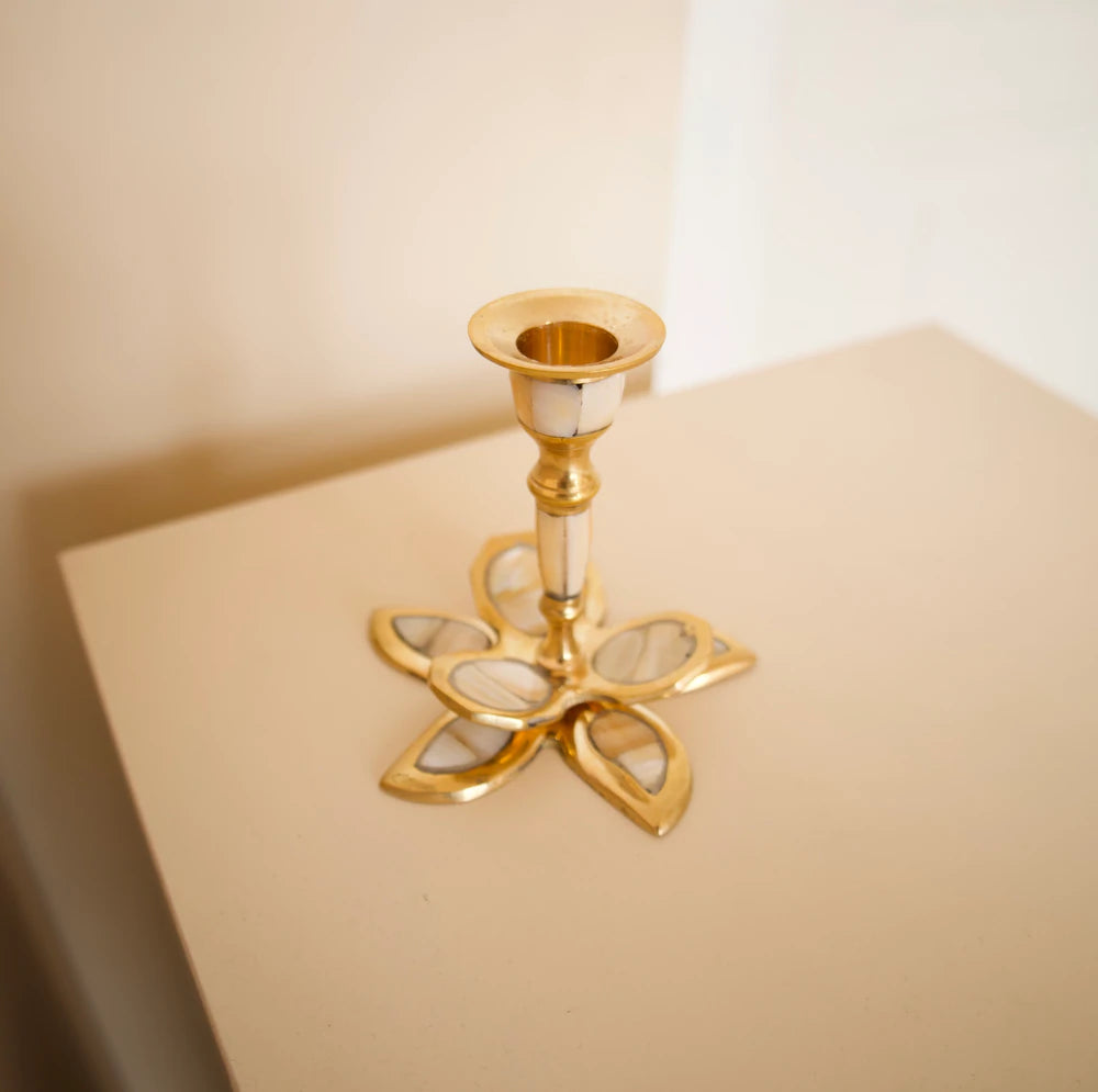 Flower Pearl Candle Holder in Brass