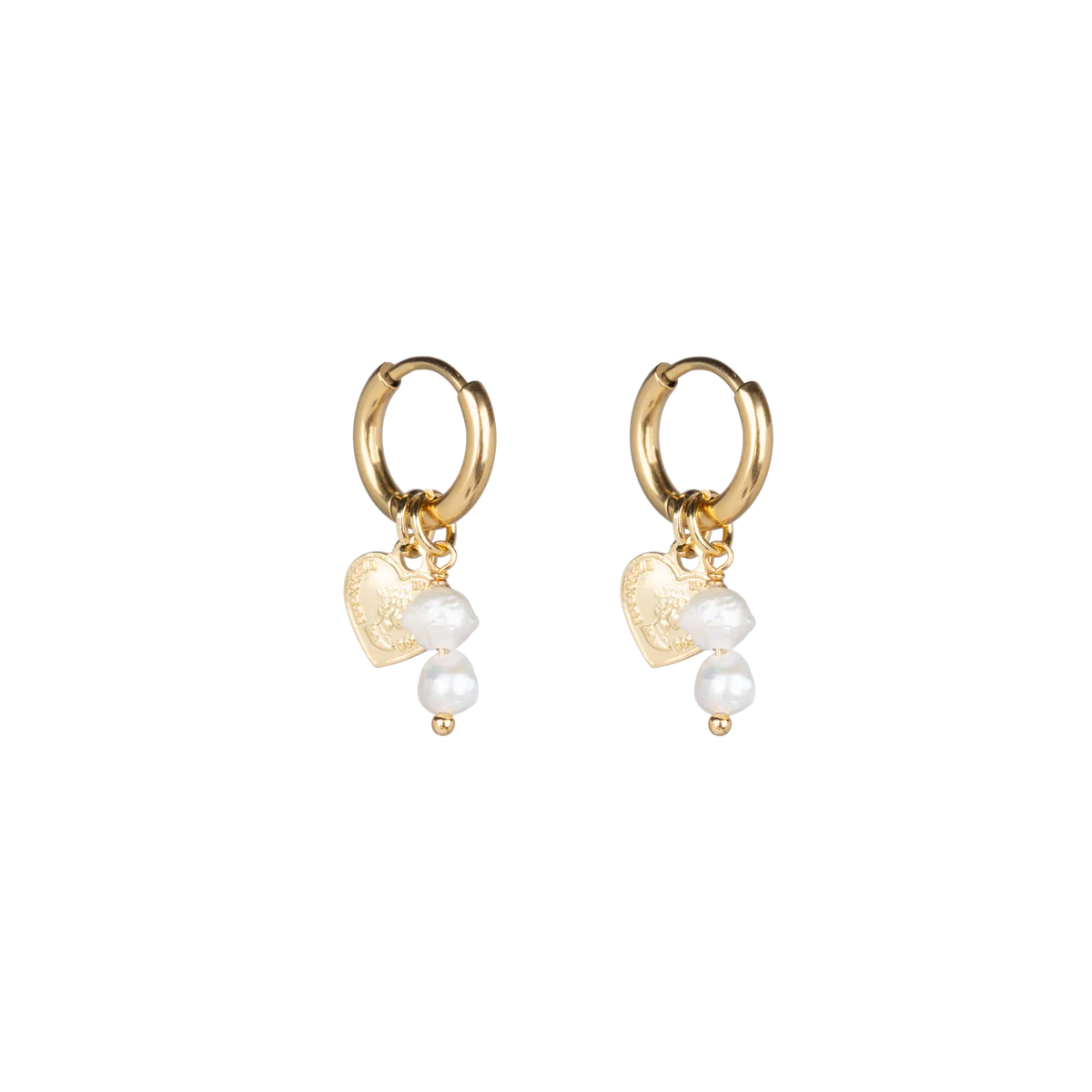 14K Gold Plated Elizabeth Heart Coin Pearls/Beads Earrings