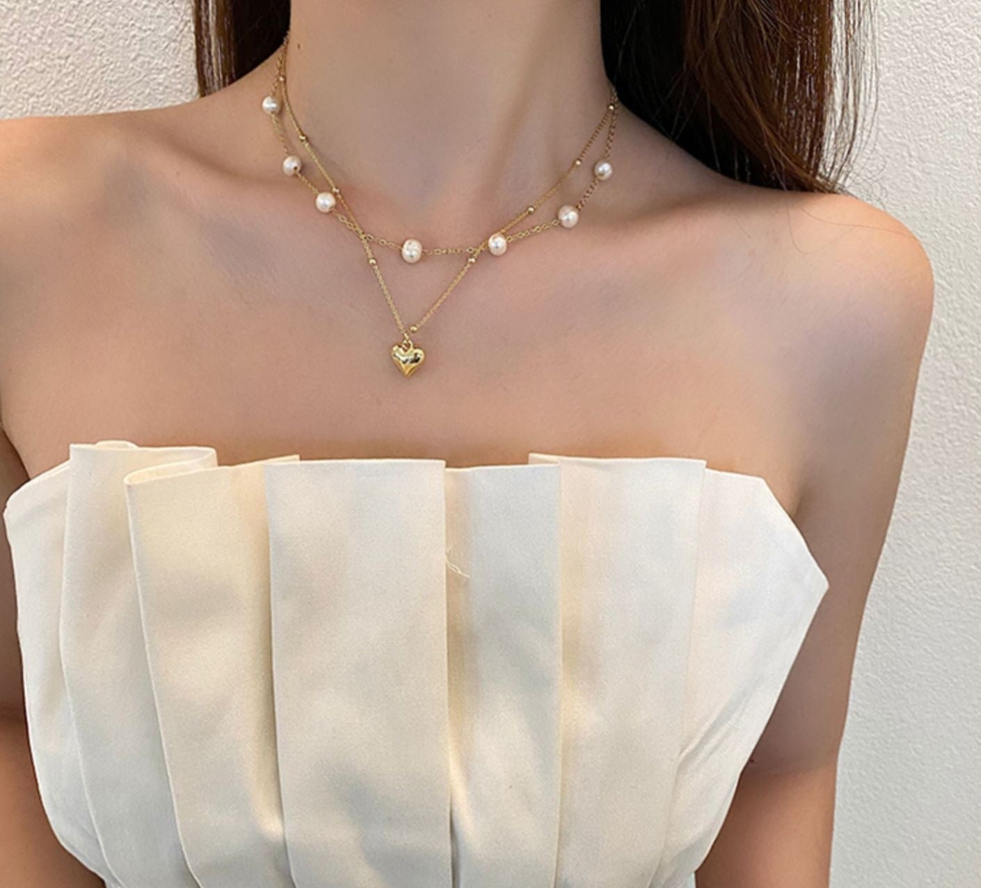 Gold Plated Heart Pearl Layer Necklace