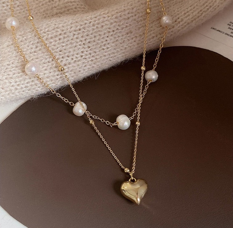 Gold Plated Heart Pearl Layer Necklace