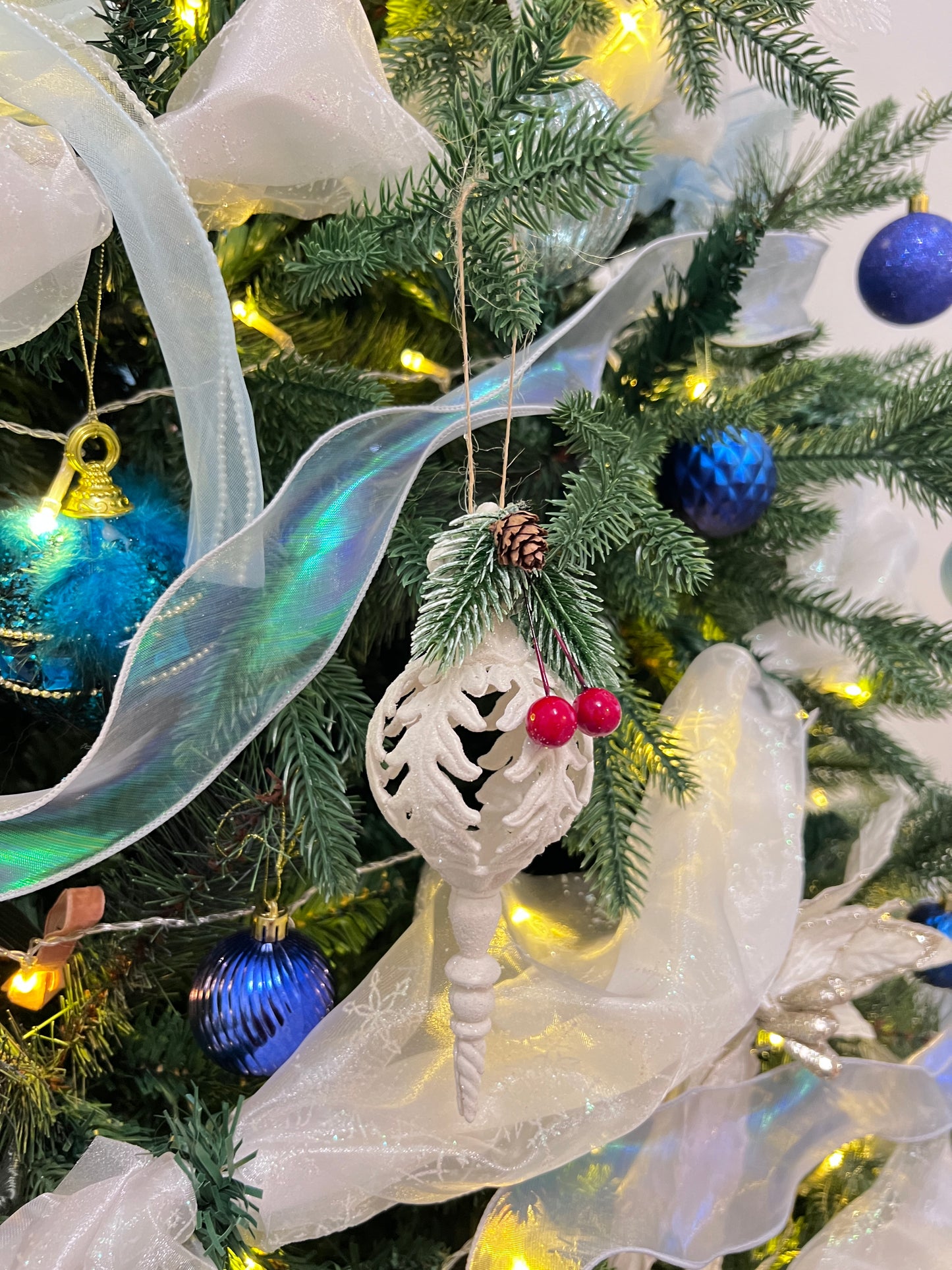 Snowy Teardrop Ornament with Pine and Mistletoe