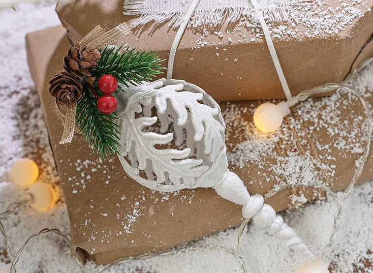Snowy Teardrop Ornament with Pine and Mistletoe