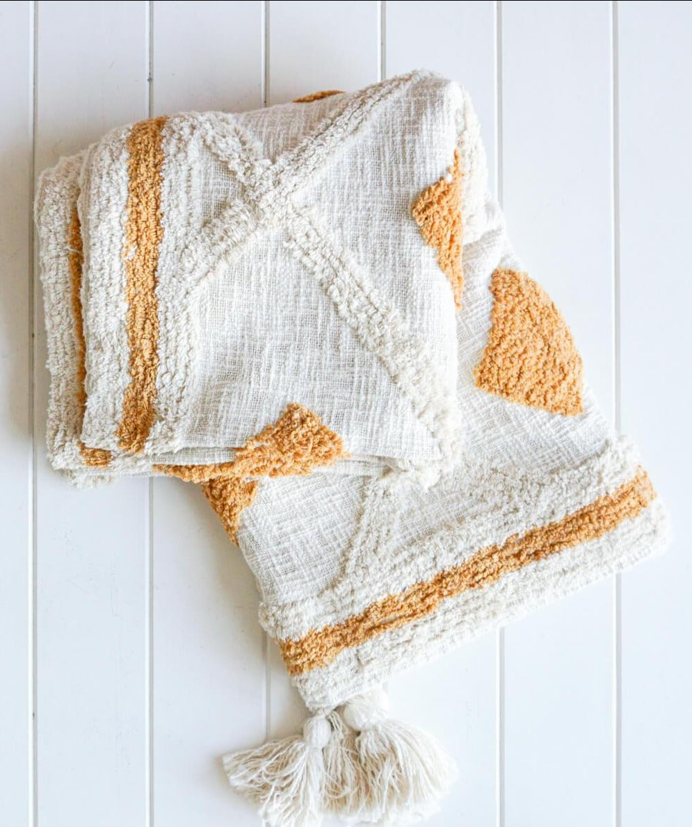 Azra Diamond Tufted Throw Blanket with Tassel in Mustard