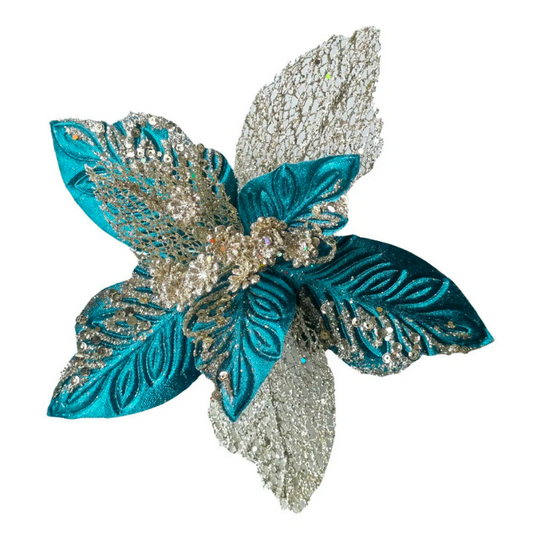 Peacock & Champagne Gold Christmas Poinsettia Clip-On Flower