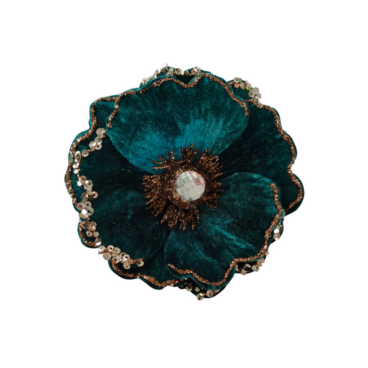 Peacock Velvet Magnolia Clip On Christmas Flower