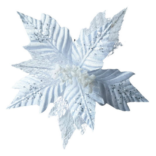 White Glitter Christmas Poinsettia Clip-On Flower