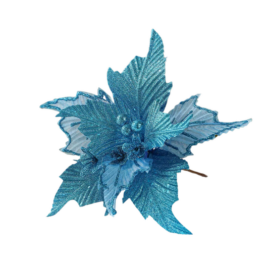 Blue Glitter & Mesh Poinsettia Leaf Christmas Flower Pick