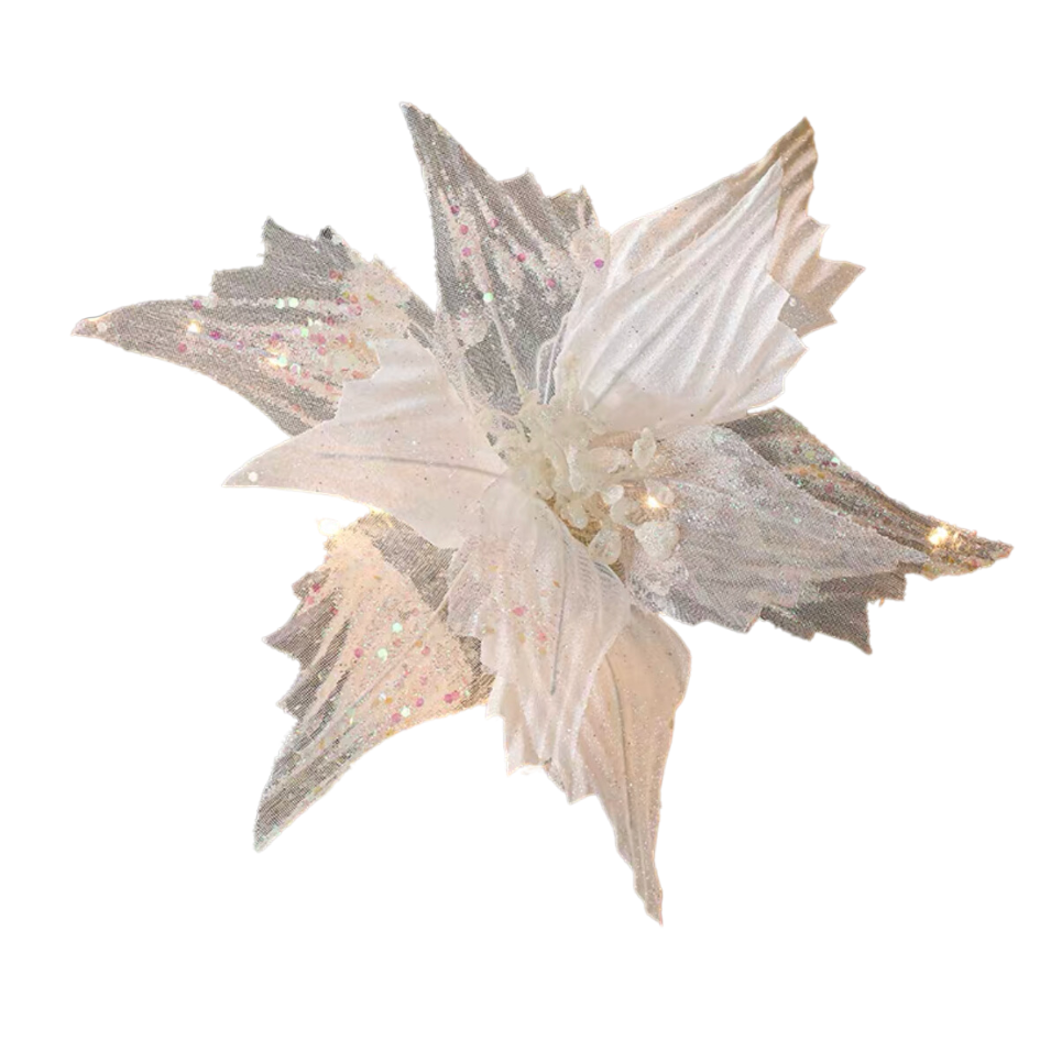 White & Mesh Poinsettia Decorative Christmas Flower Pick Coastal Statice