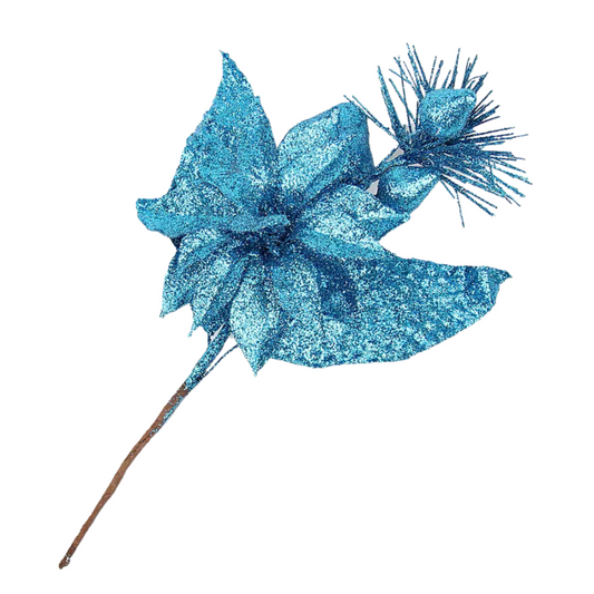 Blue Glitter Berry Flower & Leaves Christmas Pick