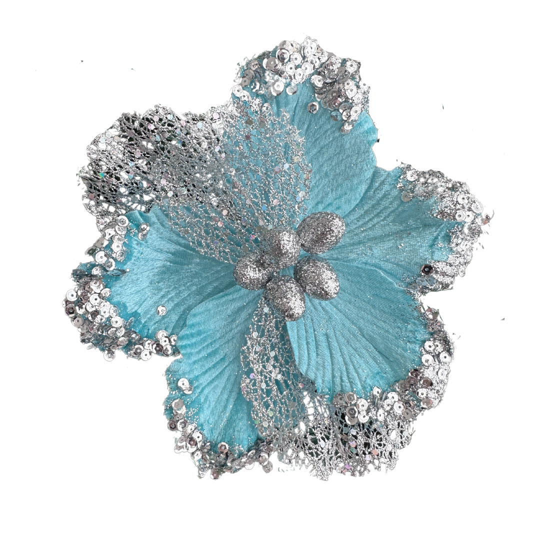 Tiffany Blue Silver Christmas Magnolia Clip-On Flower