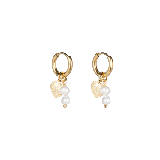 14K Gold Plated Elizabeth Heart Coin Pearls/Beads Earrings