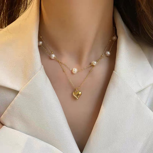 Gold Plated Heart Pearl Layer Necklace