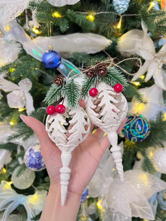 Snowy Teardrop Ornament with Pine and Mistletoe