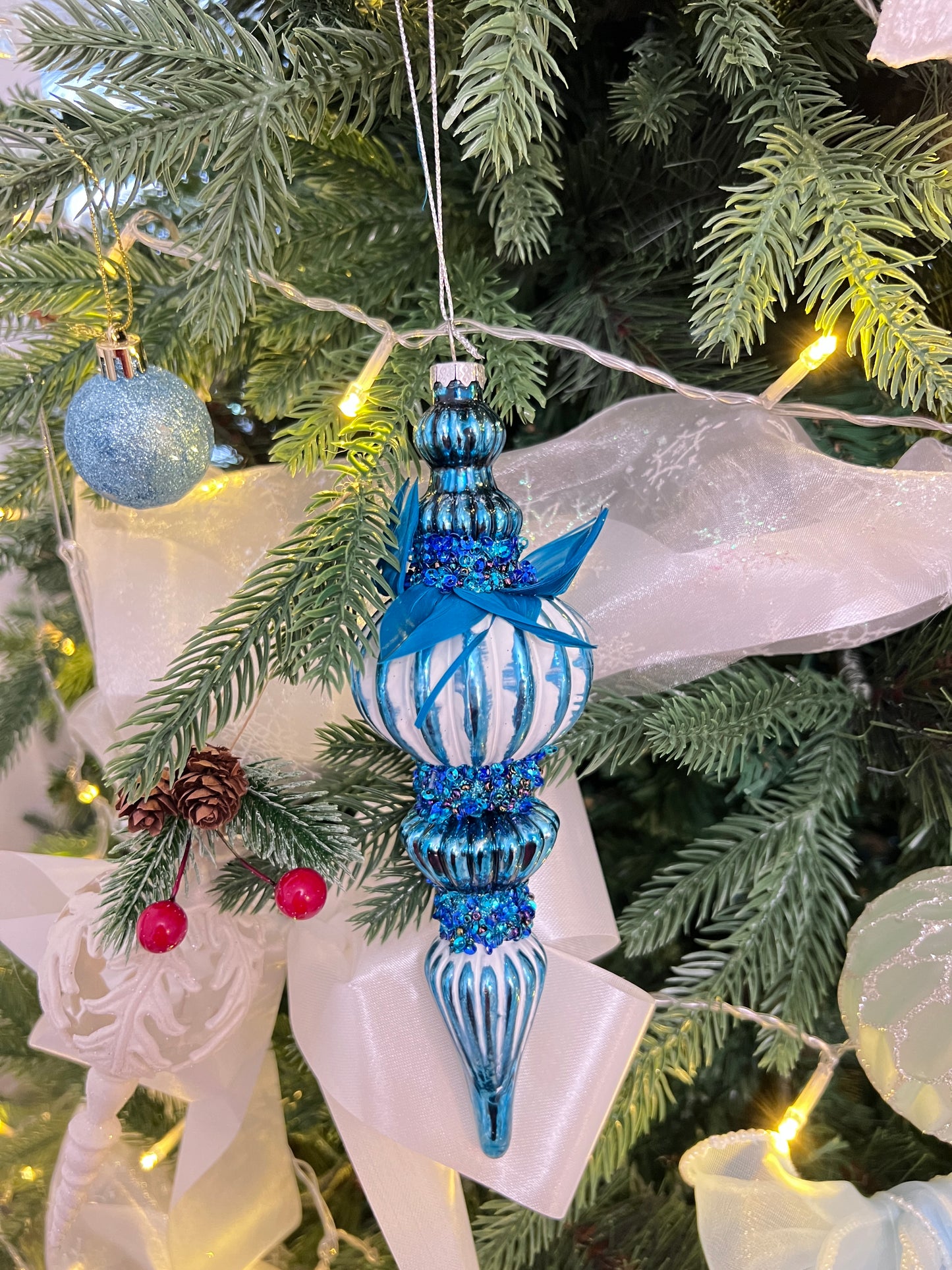 Blue Hamptons Feather Bauble Ornament