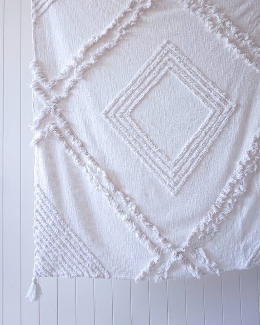 Baileigh Tufted Throw Blanket with Tassel in White